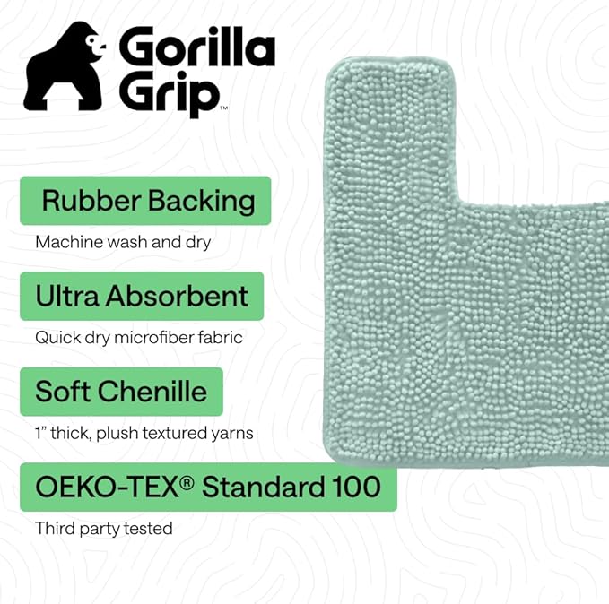 GORILLA GRIP Plush Absorbent Shaggy Chenille Bath Rug Mat for Square Toilet Base with Rubber Backing, Machine Washable Rugs, Soft Microfiber Contour Mats for Toilets, Bathroom Decor, Seablue