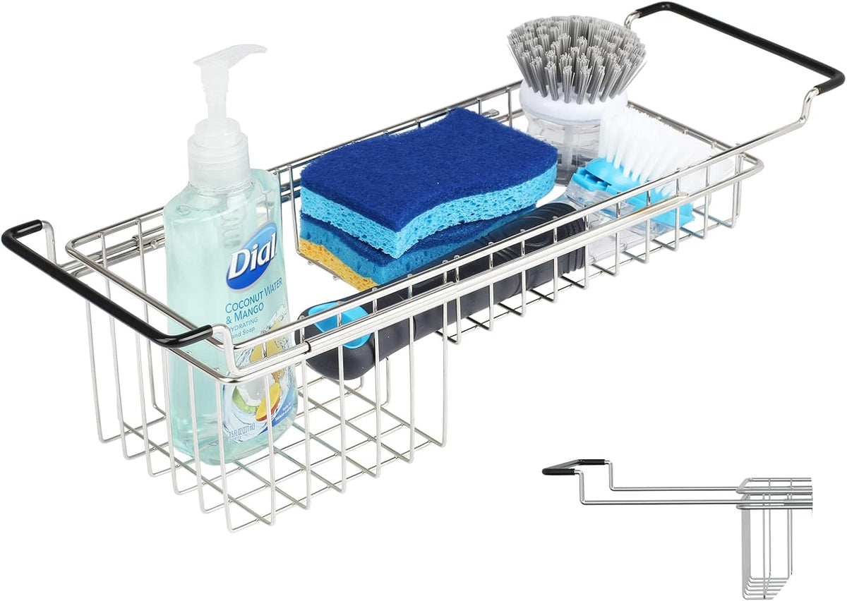 Sink Caddy Sponge Holder Kitchen Sink Organizer Sponge Caddy Expandable 16.06" to 21.02" Farmhouse In-sink Accessories for Rag Detergent Brush Dish Washing Liquid Rack, Stainless Steel