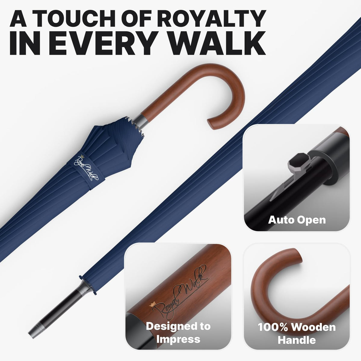 Royal Walk Large Windproof Umbrella for 2 - Navy Blue, 54 Inch, Auto Open, Wooden Handle, 16 Ribs