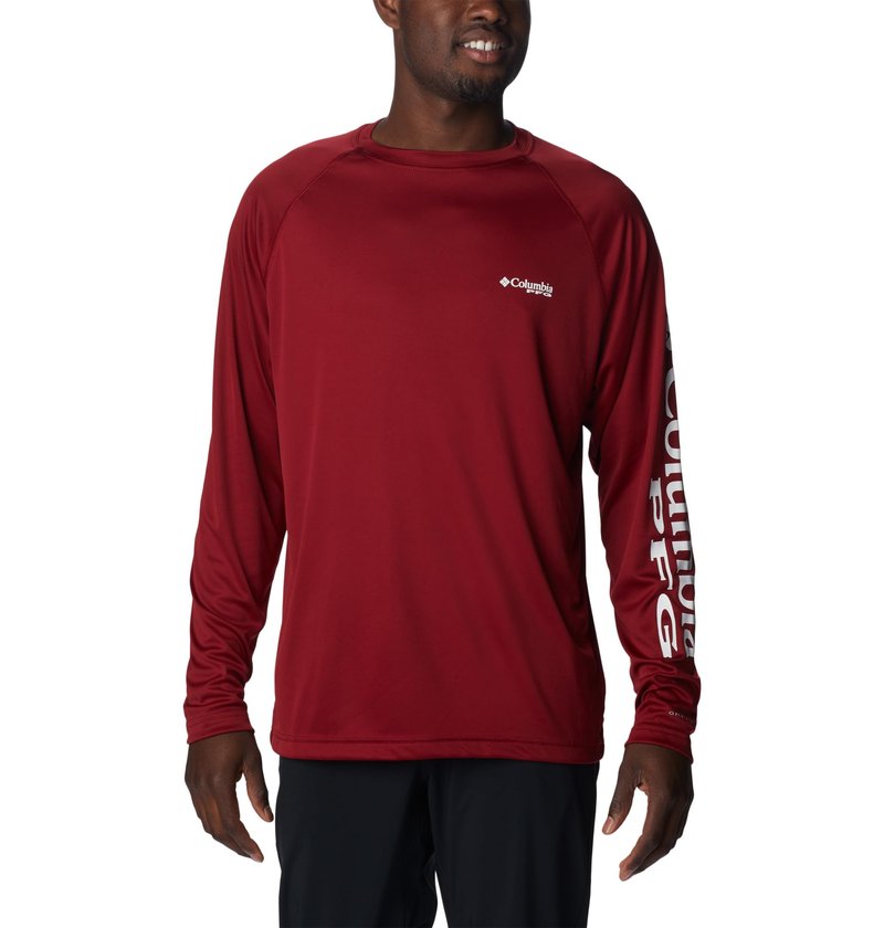 Columbia Men's PFG Terminal Tackle Long Sleeve Fishing Shirt, Beet/White Logo, 5X Tall