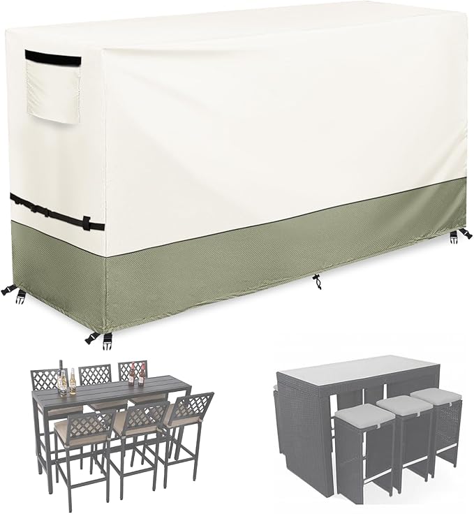 7 Piece Bar Height Patio Dining Set Covers,100% Waterproof Outdoor 76 Inch Rectangular High Wicker Bar Table and Chairs Sets Cover, Bar Table Set Covers for Patio Furniture Set, Beige