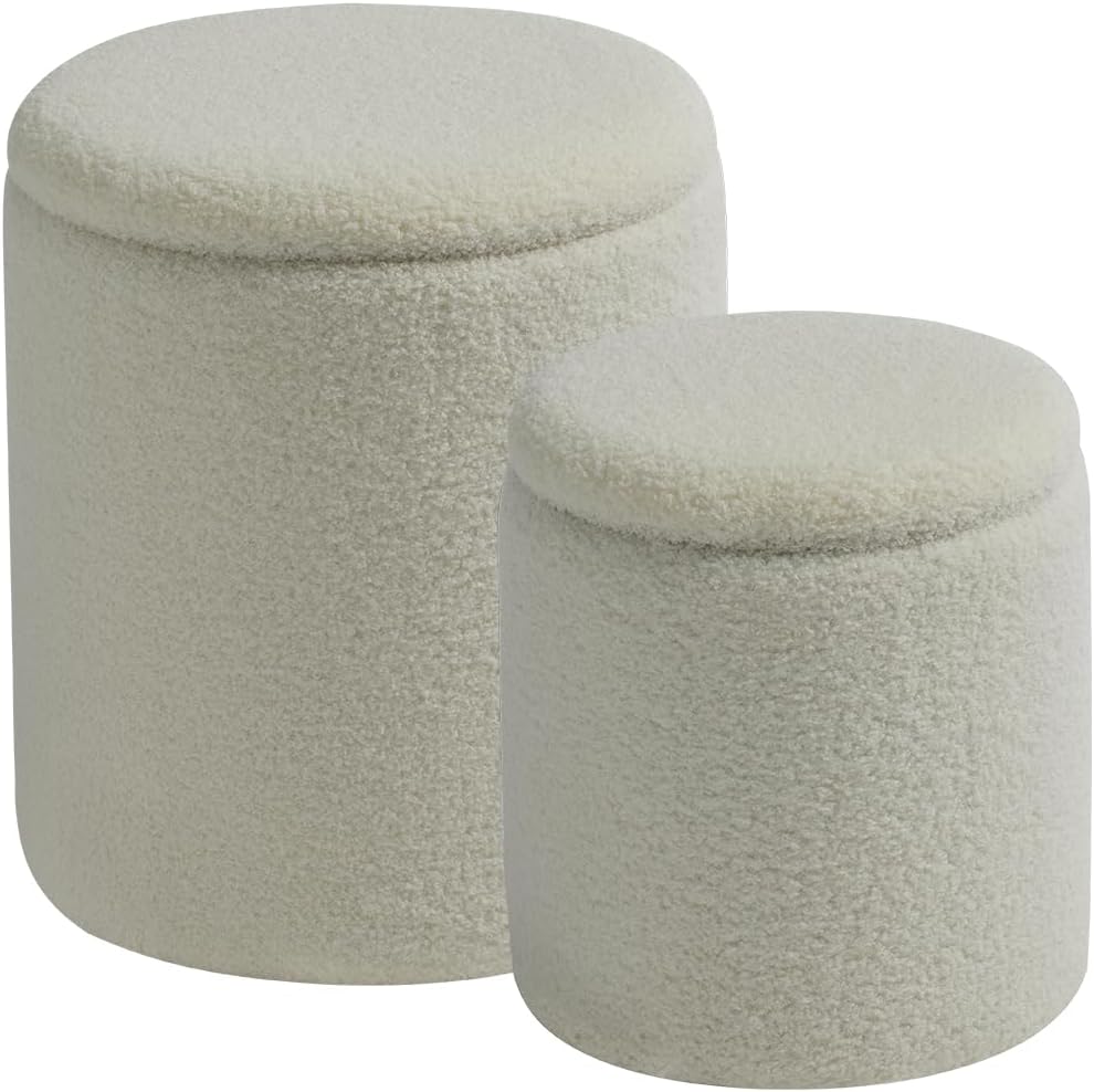 Round Ottoman with Storage Set of 2-Upholstered Sherpa Vanity Stool for Makeup Multifunctional Ottomans Coffee Table Padded Seat Foot Rest for Living Room&Bedroom(Sherpa White)