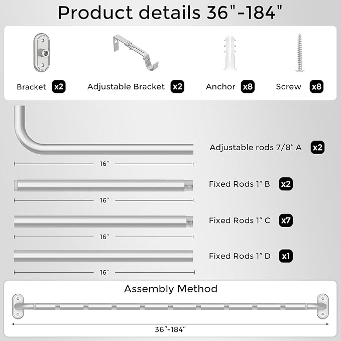 Curtain Rods 36-184 Inch, Living Room, Sliding Door