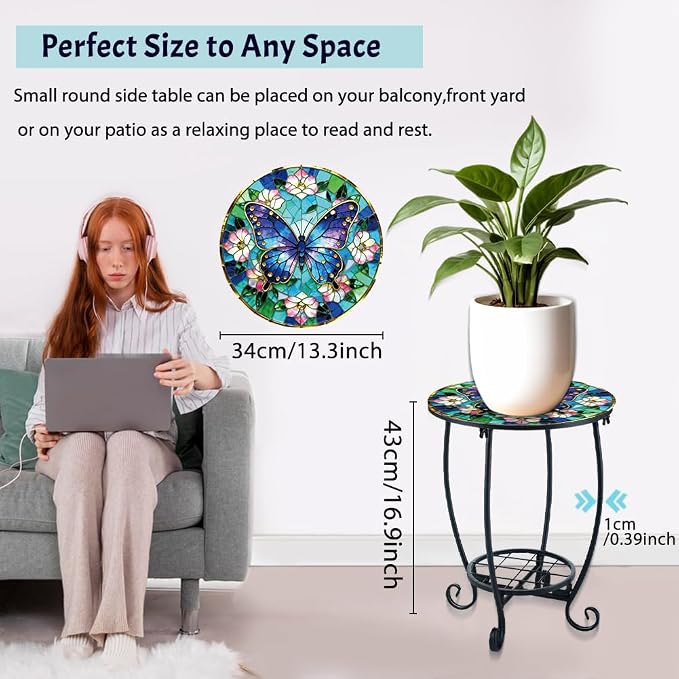 Outdoor Metal Side Table 13.3" W x 16.9" H Small Round Patio Table Printed with Butterfly Pattern for Balcony,Terrace,Garden