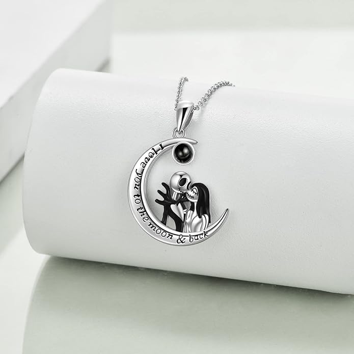LILALO Christmas Gifts Nightmare Necklace Sterling Silver Abalone Shell Crystal Jack and Sally Necklace Jack Skellington Skull Jewelry Skull Necklaces for Women