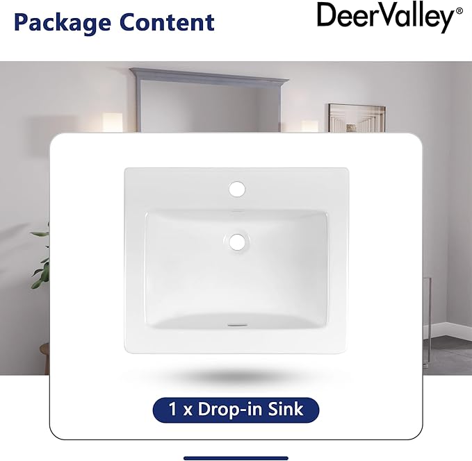 DeerValley 21"x18" Drop-In Bathroom Sink Ceramic Rectangle Vessel Sink with Overflow Vanity Bathroom Vessel Sink Bowl