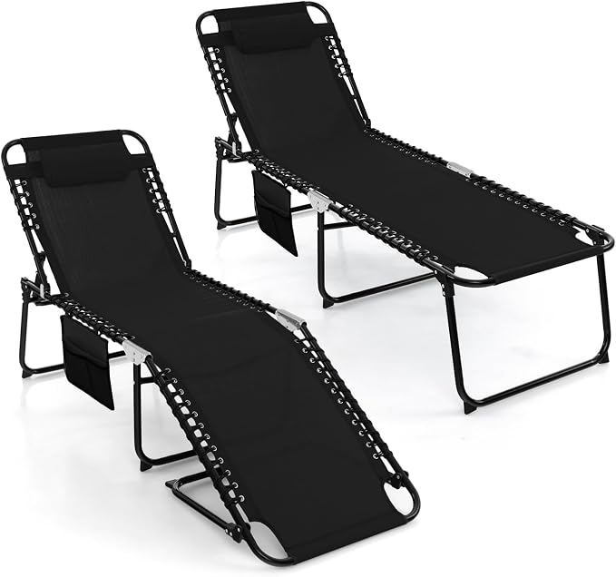 Goplus Chaise Lounge Chair, Folding 5-Postion Beach Lounge Chair with Detachable Pillow, Sunbathing Lounger, Adjustable Tanning Chair for Patio Lawn Pool Yard Outdoor