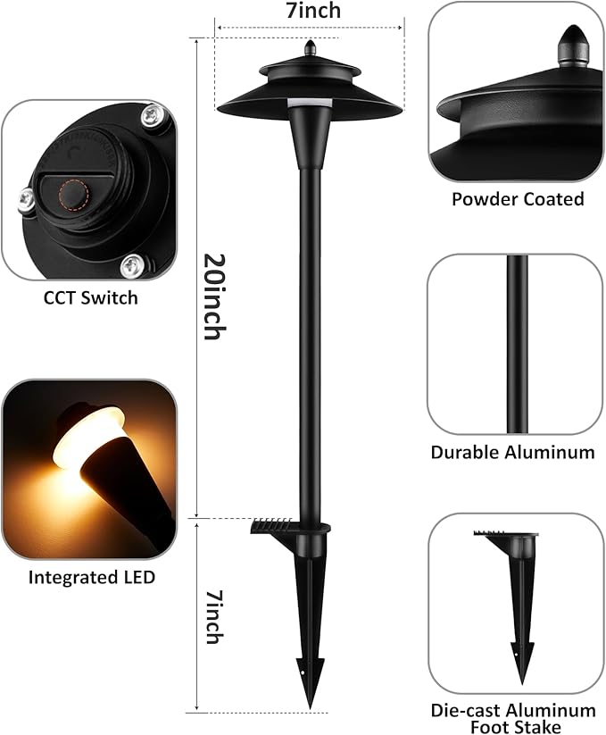 Pathway Lights Low Voltage, 5W 2200K/2700K/3000K/4000K/5000K 20 Inch Black, 12V LED Wired Low Voltage Landscape Lighting for Outdoor Yard Garden Walkway Driveway Pathway Path, ETL, Pack of 6