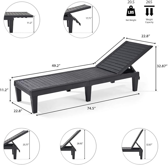 Nestl Patio Chairs - Black Chaise Lounge Chair Outdoor, 5-Position Adjustable Sun Tanning Chair, Waterproof Pool Lounge Chairs, Reclining Lawn Chair, Lightweight Outdoor Lounge Chairs