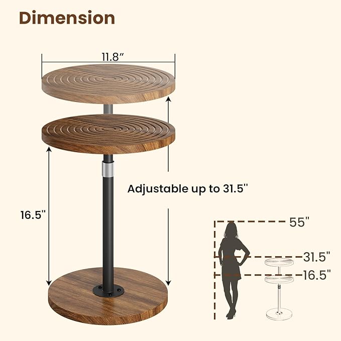 Round Side Table, Adjustable-Height Small Drink Table, Pedestal Martini Stand, Weighted Base Cocktail Table Accent Nightstand for Living Room, Bedroom, Bathroom, Office, Walnut