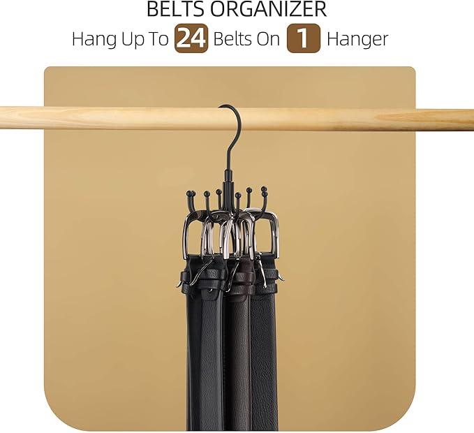 ZEDODIER 2 Pack Belt Organizer for Closet, Heavy-Duty Rotating Belt Hanger Rack Holds up to 48 Belts, Hanging Space Saving Metal Belt Holder for Closet Storage, Black