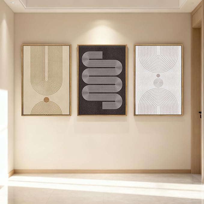 Anyzal Large Abstract Framed Wall Art 16x24 Inch Black Tan Neutral Canvas Wall Decor Modern Minimalist Geometric Line Artwork for Living Room Bedroom Set of 3