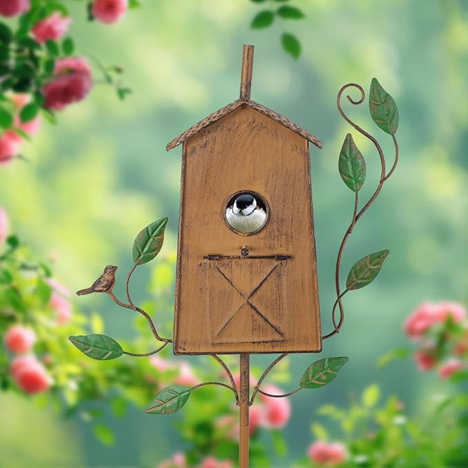 50" Bird Houses for Outside with Pole, Outdoor Metal Birdhouse for Patio, Yard, Garden, Brown