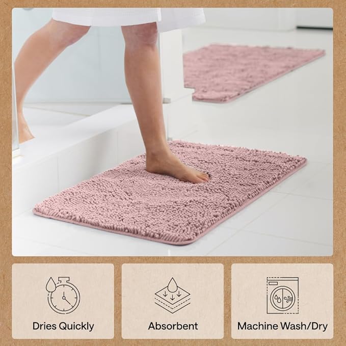 GORILLA GRIP Bath Rug Mat 44x26, Soft Absorbent Chenille, Quick Dry Microfiber Mats, Rubber Backing Washable Shower Floor Rugs, Bathmat Runner, US Designed Bathroom Home Decor Accessories Dusty Rose
