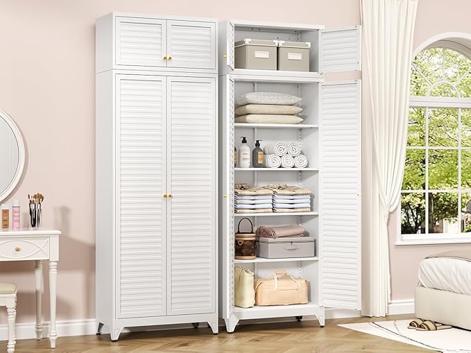 Kitchen Pantry Cabinet, 90" Tall Metal Storage Cabinet, Food Pantry cabinets with Doors and Shelves, Steel Cabinets for Living Room, Dining, White,16" D x 32" W x 90" H, Assembly Required
