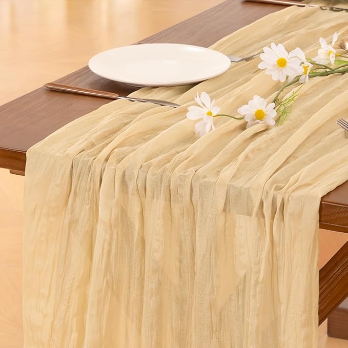 Socomi 6pcs Gold Champagne Cheesecloth Table Runner Fall Thanksgiving Boho Rustic Gauze 120 inch 10FT Cheese Cloth Runner for Wedding Party Baby Shower Birthday Home Decor Holiday Decorations