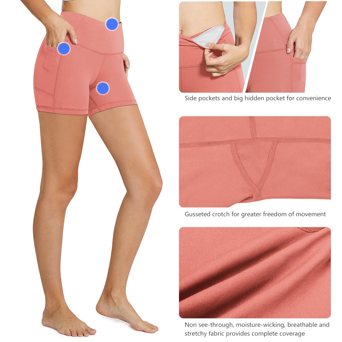 baleaf Biker Shorts Women Yoga Gym Workout Spandex Running Volleyball Tummy Control Compression with Pockets 5" Coral Pink XS