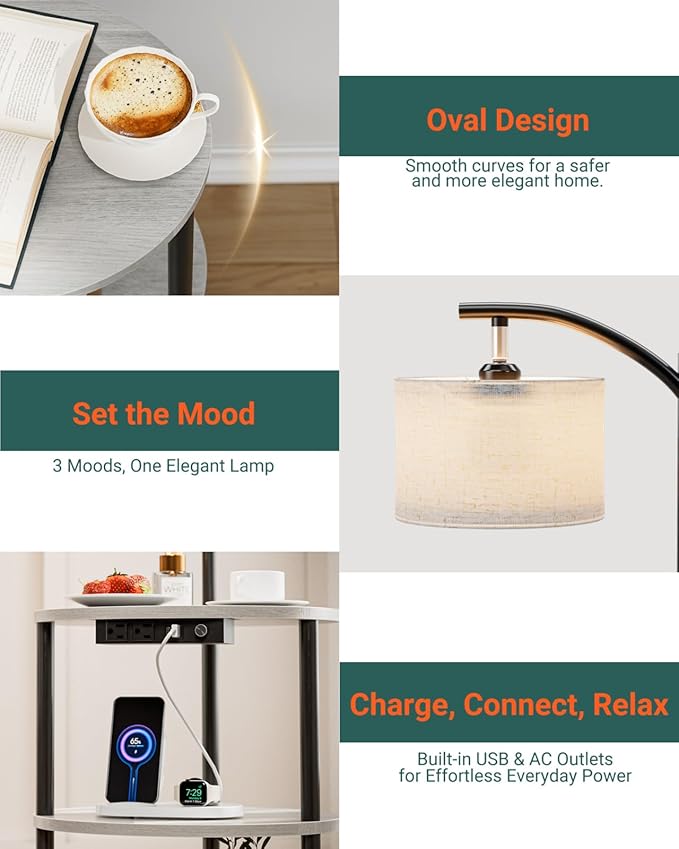 Round Side Table with Lamp and USB Ports, 3-Tier Small End Table for Living Room & Bedroom, Rustic Wood Metal Nightstand for Small Spaces, Easy to Assemble, Greige