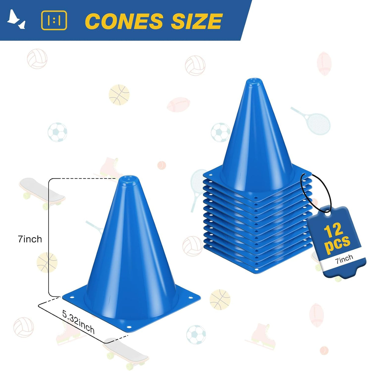 Skiennix 12-Piece 7-Inch Soccer Cones - Durable Plastic Traffic Cones for Sports Training & Agility Drills