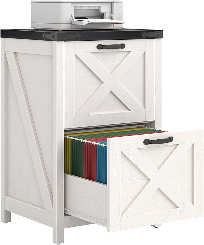 2 Drawer Small File Cabinet, Farmhouse Vertical Filing Cabinet Fits Letter and A4 Size, Under Desk Wooden File Cabinets for Home Office, Printer Stand, White and Black