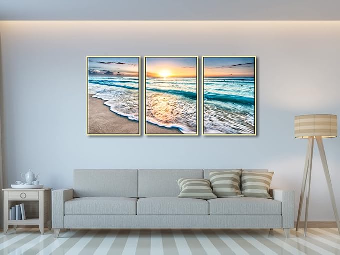 Wieco Art Framed Wall Art 3 Panels Blue Beach Canvas Art
