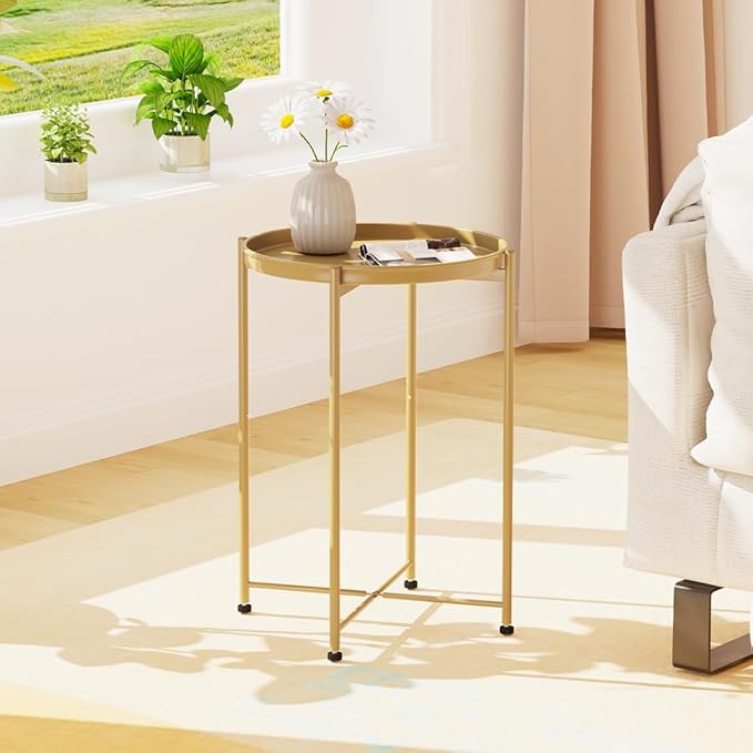 Garden 4 you Small Side Table, Gold Mini Round End Table, Tray Table with Metal Frame, Modern Nightstand for Living Room, Bedroom, Patio, Small Space, 1PCS