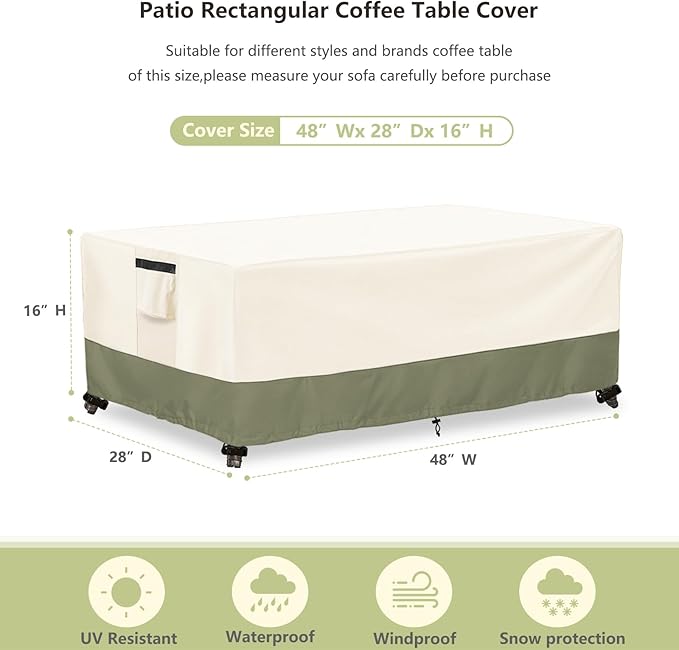 Outdoor Coffee Table Cover 48 W x 28 D x 16 H Inches,600D Heavy Duty Waterproof Outdoor Table Cover,Patio Rectangle Table Covers,Beige