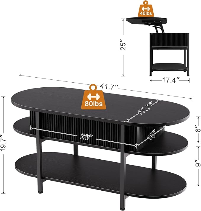 FABATO 41.7" Oval Lift Top Coffee Table, Fluted Wood Center Table with Hidden Storage, 3 Tier Small Tables with Curved Edge, Modern Narrow Coffee Table for Living Room Reception Room, Black