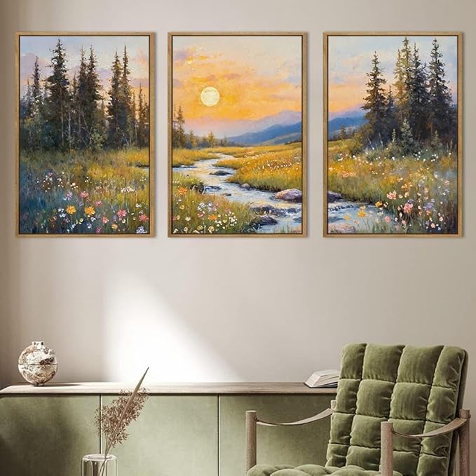 IARTTOP Large Mountain Wall Art Framed 16x24 Inch Abstract Forest Landscape Canvas Wall Decor Nature Scenery Wildflower Botanical Artwork for Living Room Bedroom Set of 3