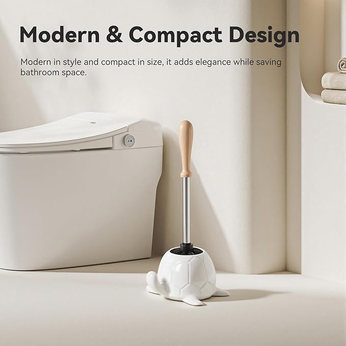 White Ceramic Turtle Base Toilet Brush and Holder Set - 7.5" Cute Toilet Bowl Cleaner Brush, Ergonomic Handle Toilet Bowl Brush and Holder for Home & Commercial Use, Bathroom Brush