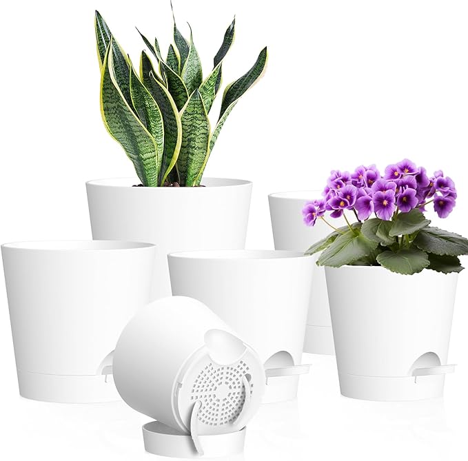WSMKSZ 7/6.5/6/5.5/5/4 inch Self Watering Pots for Indoor Outdoor Plants, 6 Pack Plastic Flower Planters with Drainage Holes and Removable Saucers, Plant Pots with Wicking Rope, Modern Decor, White
