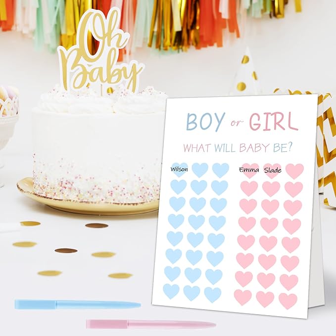 Gender Reveal Party Games, Blue and Pink Baby Gender Reveal Voting Board Sign, 48 Boy Girl Voting with Two Pens, He or She, Baby Gender Reveal Party Decorations Games for Boy or Girl Shower