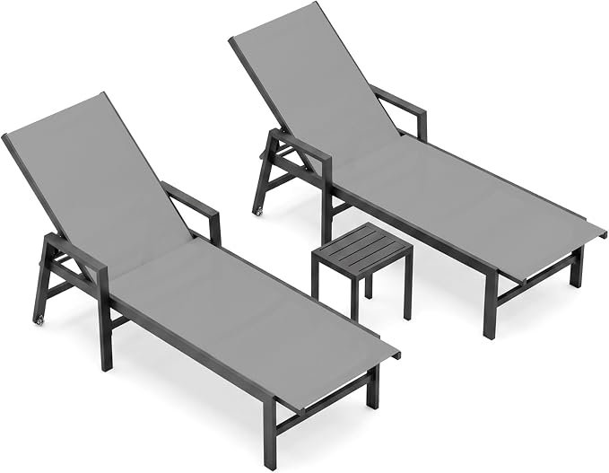 Patio Chaise Lounge Chair Outdoor with Wheels&Armrests, Aluminum Pool Lounge Chairs Five-Position Adjustable Recliner with Side Table, Outdoor Beach Lounge Chairs for Outside, Deck, Yard, Dark Gray