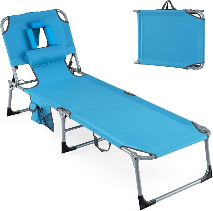 Goplus Tanning Chair, Folding Adjustable Patio Lounge Chair with Face Hole, Removable Pillow, 330LBS, Carry Strap, Outdoor Sunbathing Chair, Lightweight Portable Beach Lounge Chair (1, Navy)
