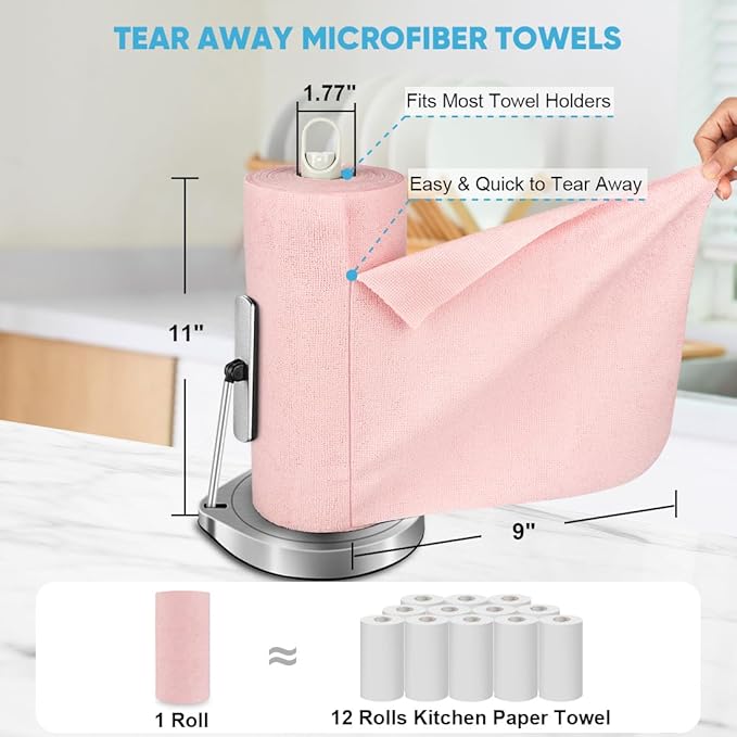 AIDEA Microfiber Cleaning Cloth Roll, 55 Sheets, Pink Towel, Microfiber Towels for Cars, Reusable Paper Towels, Shop Rags Washable, Cleaning Rags for Automotive, House, Kitchen, Cleaning Supplies11??9"