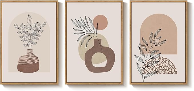 Framed Neutral Boho Wall Art Bedroom, 3 Piece Abstract Bohemian Brown Botanical