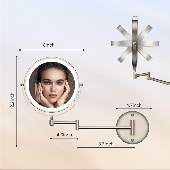 Rocollos Rechargeable Wall Mounted Lighted Makeup Mirror, 8 Inch Double-Sided
