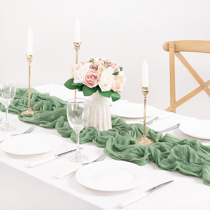 MLMC 8 Pack Sage Green Table Runner 10ft Rustic Gauze Cheesecloth Table Runner 35x120 Inches Cheese Cloth for Boho Wedding Bridal Shower Centerpiece Decor