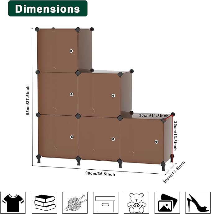 Cube Storage Organizer, 6-Cube Shelves Unit with Doors, DIY Stackable Plastic Clothes Organizer for Bedroom and Under Stairs Storage Unit, Each Compartment 30 x 30 x 30 cm Brown ATTSL6007