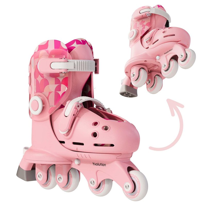 Yvolution Learner Twista Skates – 2-in-1 Adjustable Kids Roller Skates for Ages 2+ – Converts from Tri-Wheel to Inline Skates – No Tools Needed – US Size 7-11, Pink