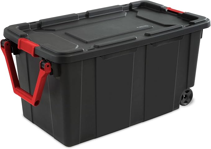 Sterilite 8-Pack Industrial Tote, Heavy-Duty Storage Bins w/Lids and Wheels, 40 Gallon - Stackable Organizing Containers for Home, Garage, Office, and Basement
