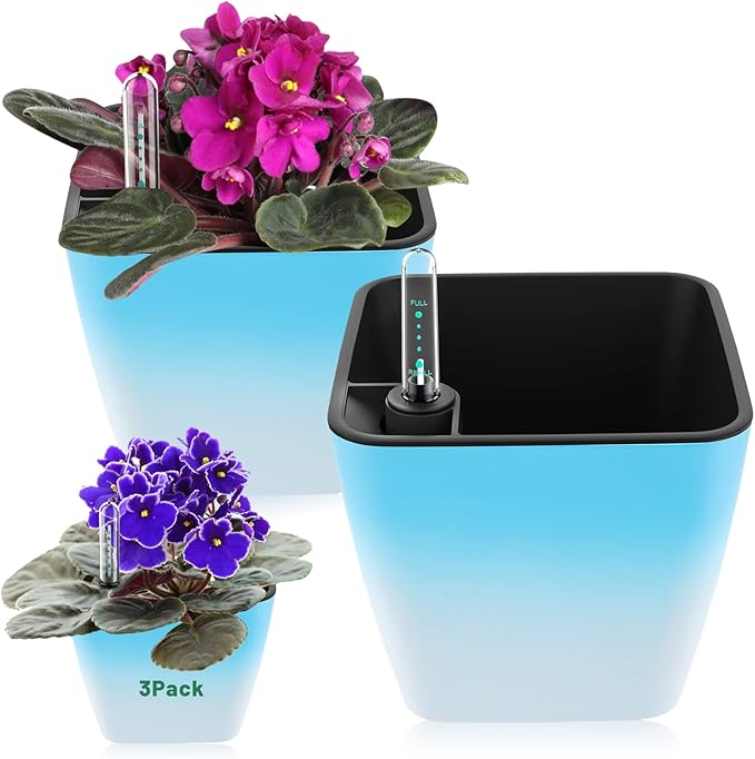 Self Watering Planters for Indoor Plants, 5.2 Inch 3 Pack Square Plastic Plant Pots with Water Level Indicator & Drainage System for African Violet Herbs Succulents - Gradient Blue