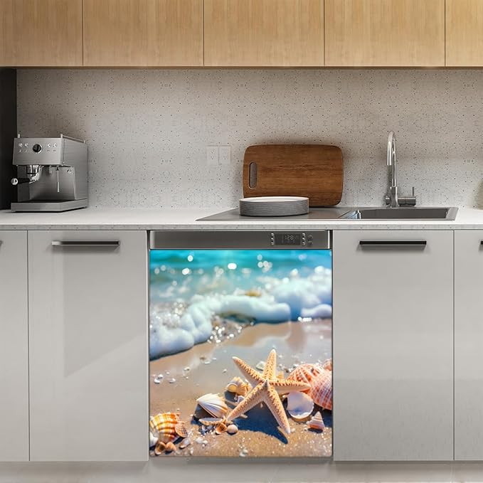 Dishwasher Magnet Cover Sea Beach Starfish Seashell Reusable Dishwasher Magnetic Cover Sticker Decorative Dish Washer Door Cover Panel for Home Kitcen Appliance