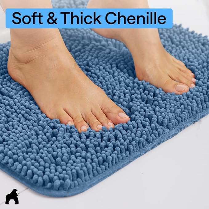 GORILLA GRIP Bath Rug Mat 36x24, Thick Soft Absorbent Chenille, Quick Dry Microfiber Mats, Rubber Backing Washable Shower Floor Rugs, Bathmat Runner, US Designed Bathroom Home Decor Accessories Blue