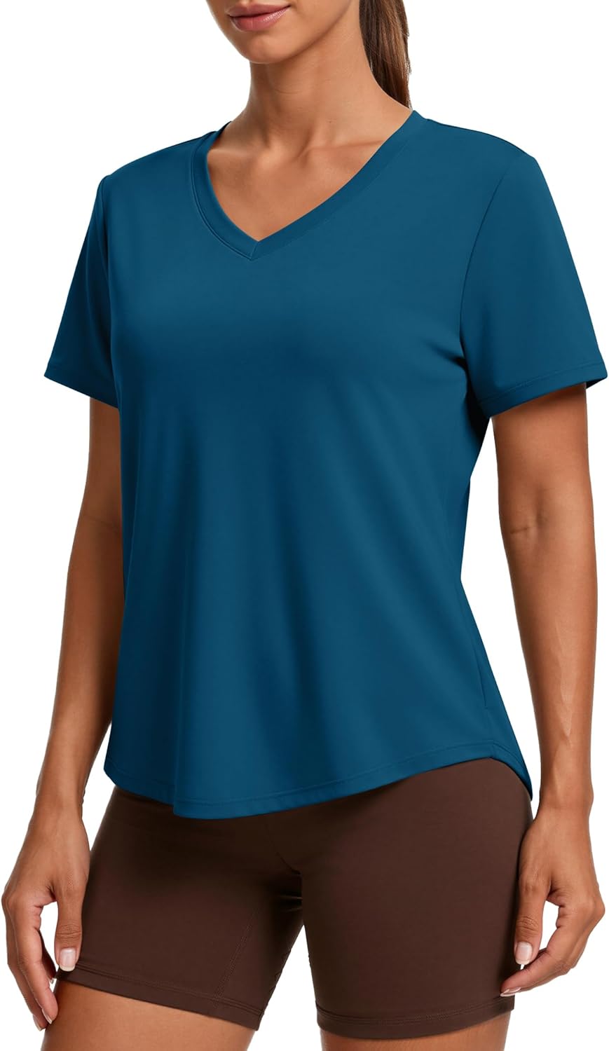PINSPARK Women's Soft Workout Tops - Short Sleeve V-Neck, Moisture-Wicking, UPF 50+ Sun Protection, Quick Dry Gym Shirts