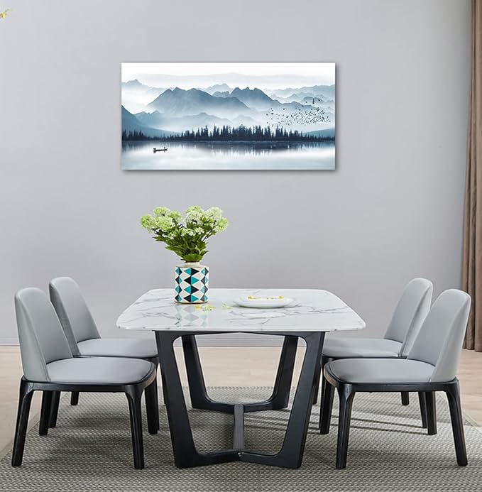 arteWOODS Indigo Canvas Wall Art Misty Mountain Wall Pictures Foggy Lake Boat Canvas Painting Blue Forest Birds Canvas Wall Decor for Living Room Wall Decorations Framed Ready to Hang 29" x 58"