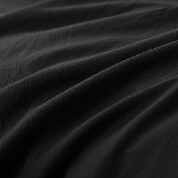 JIYUAN 100% Washed Cotton Duvet Cover Set 3 Pieces King, 1 Duvet Cover 104x90 Inches(Comforter Not Included) and 2 Pillowcases,Linen Feel Bedding Set Comfy and Breathable,Black