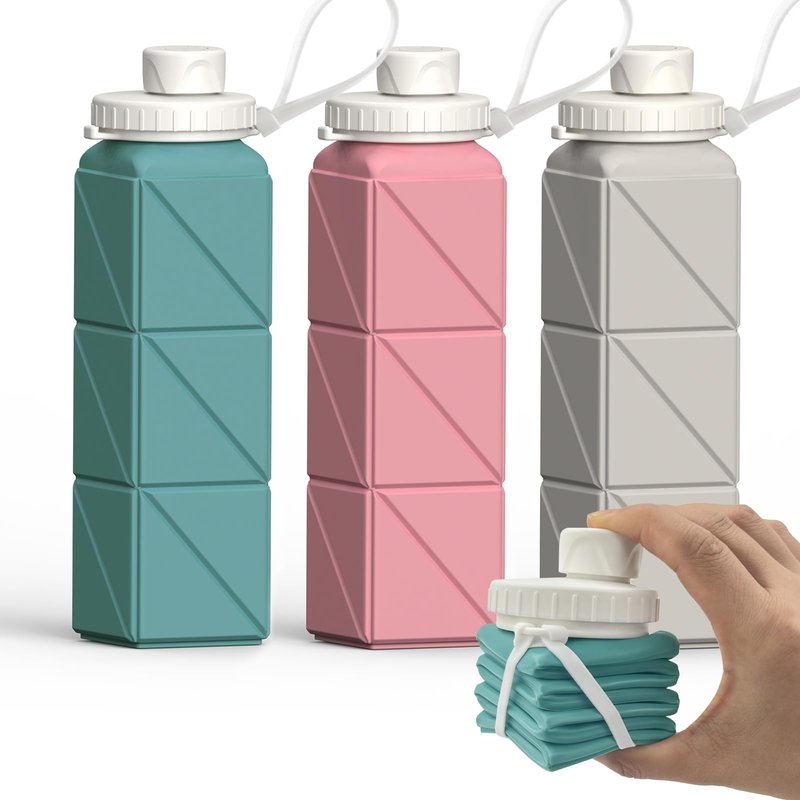BEAUTAIL Collapsible Water Bottles, Silicone Foldable Portable Water Bottle 610ml, Lightweight Reusable Leakproof for Travel Camping Hiking Cycling Yoga Sports Outdoor, 3 Pack (Blue+Pink+Starlight)