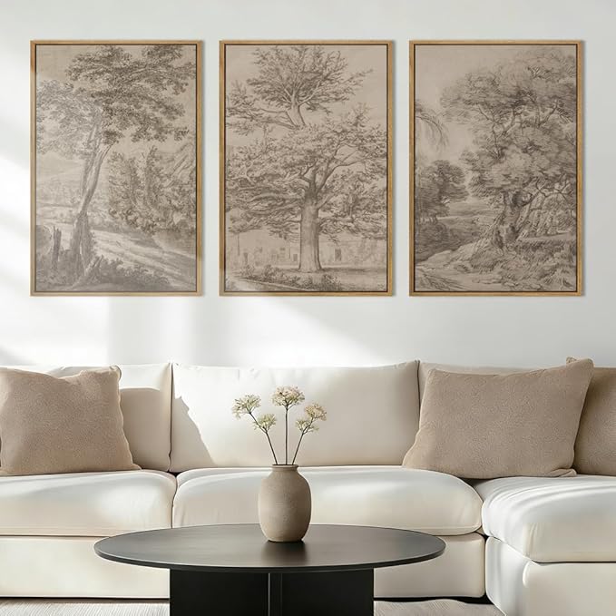 Anyzal Large Vintage Tree Sketchbook Wall Art 16x24 Inch Framed Neutral Forest Landscape Minimalist Woodsy Artwork for Living Room Bedroom Office Set of 3