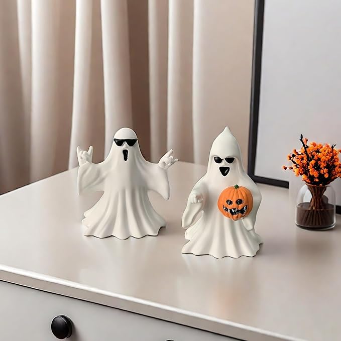 Halloween Ghost Figurine - Spooky Resin Ghost Statue, Cute Finger Ghost Ornaments, Perfect for Indoor & Porch Halloween Decor (Ghost with Pumpkin)